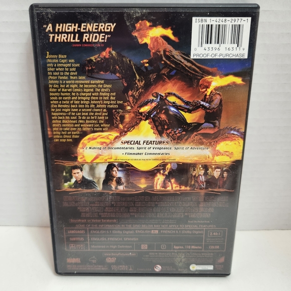 🎬GHOST RIDER DVD w/Nicolas Cage & Eva Mendes, Marvel, PG-13, 2007, 110 minutes - Picture 4 of 4
